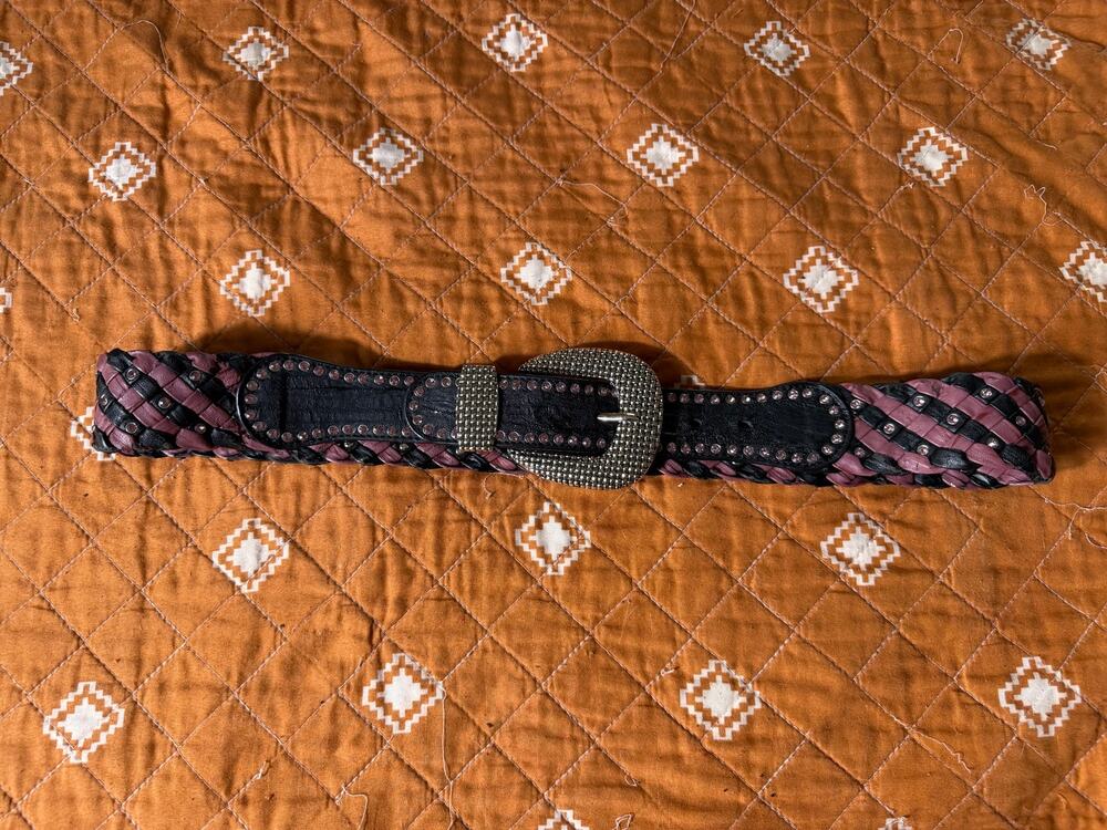 Y2K Western Belt Large Black Pink Braided Rhinestone Studded Buckle